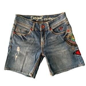 Desigual rainbow embroidered jean denim shorts with rolled cuff size 24